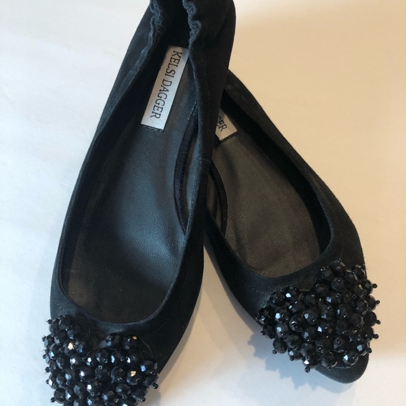 KELSI DAGGER LUVVY Black Suede Flats Crystal Heart - Picture 7 of 10